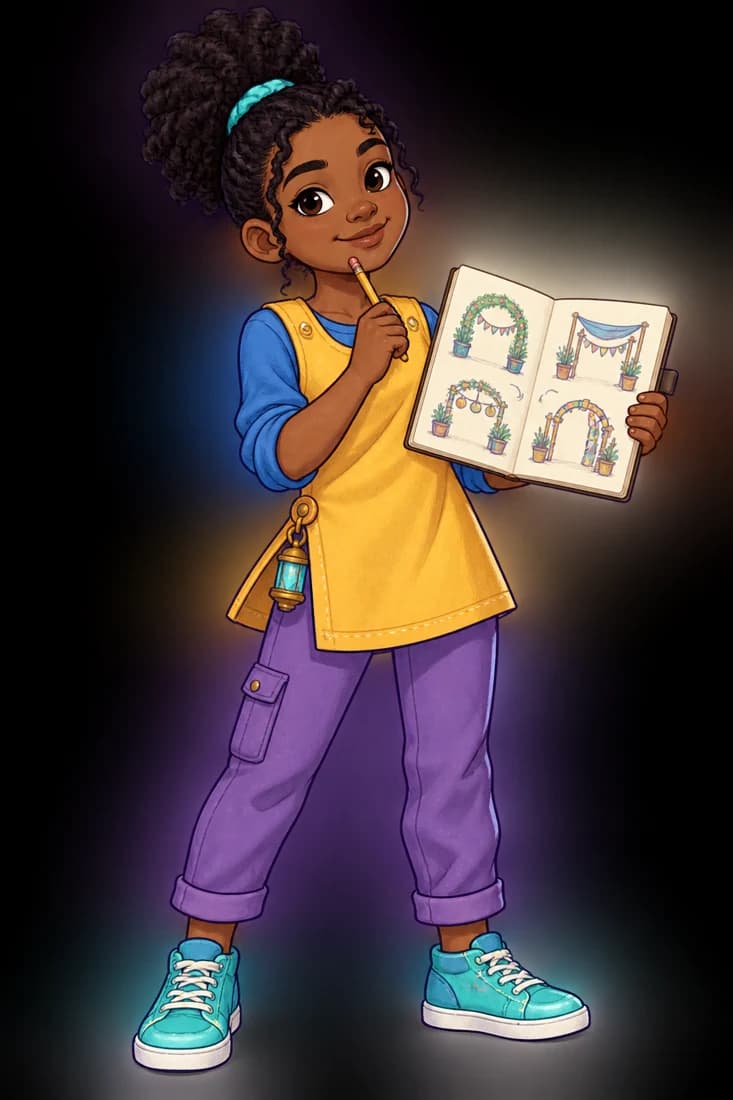 Asha sketching ideas in a notebook