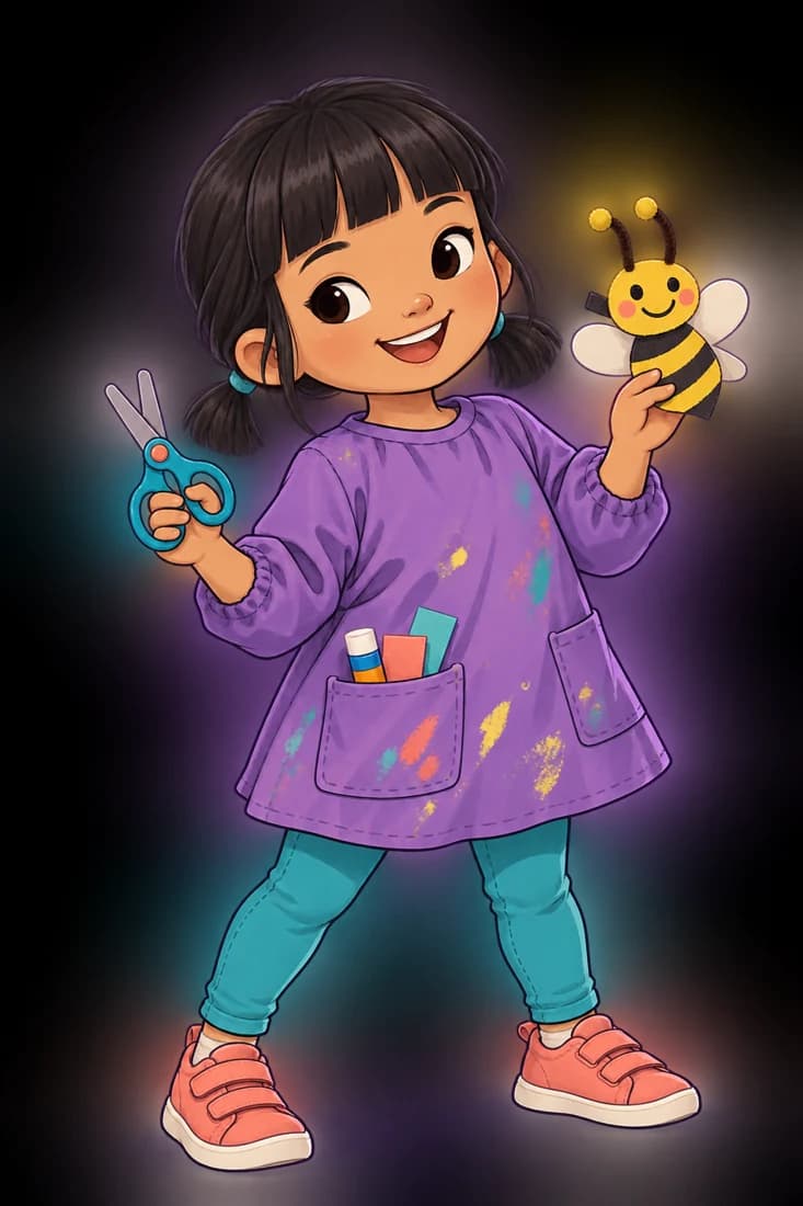Bea Thimble holding a handmade bee and craft scissors