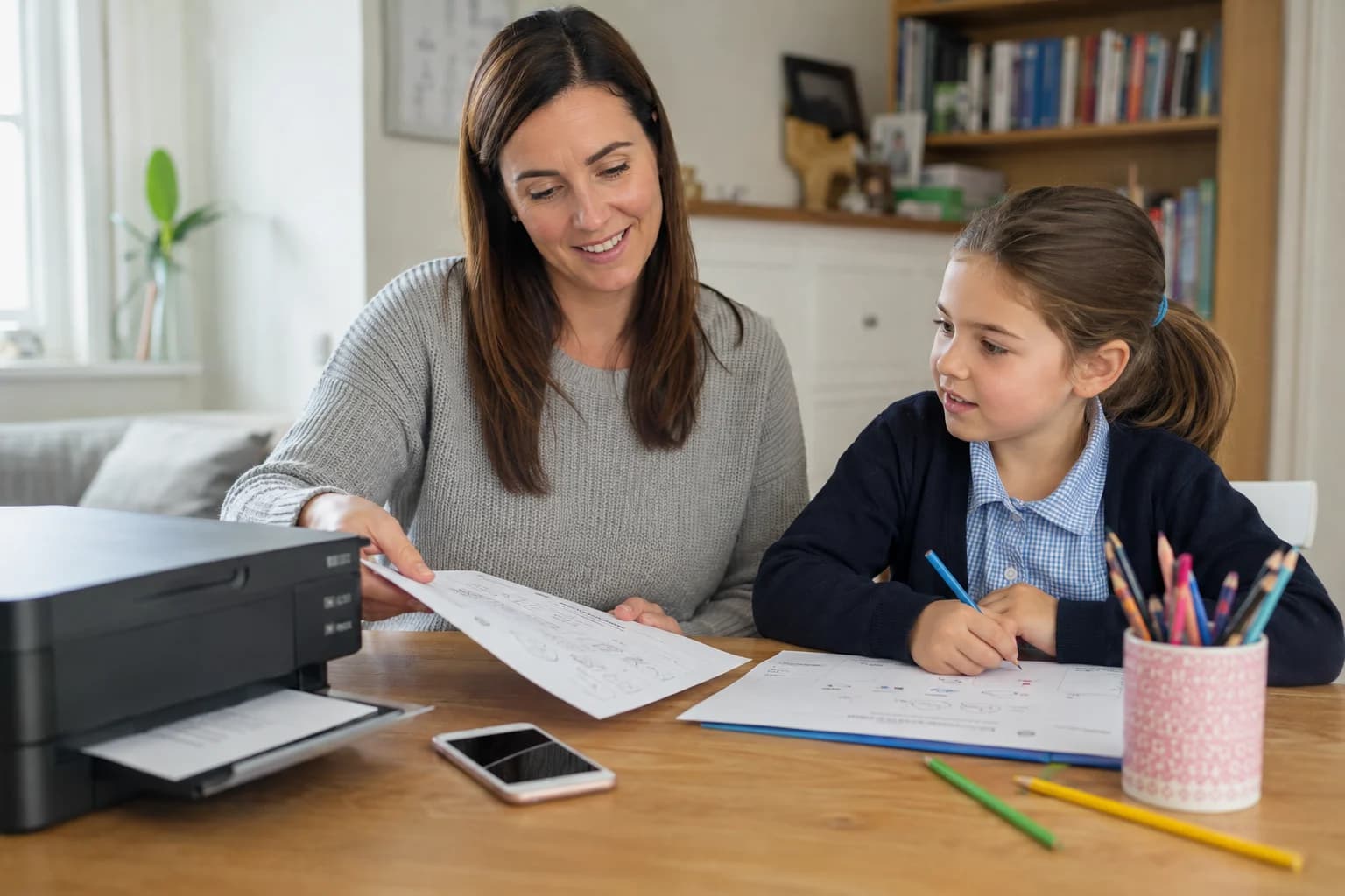 A parent preparing printed learning pages at home